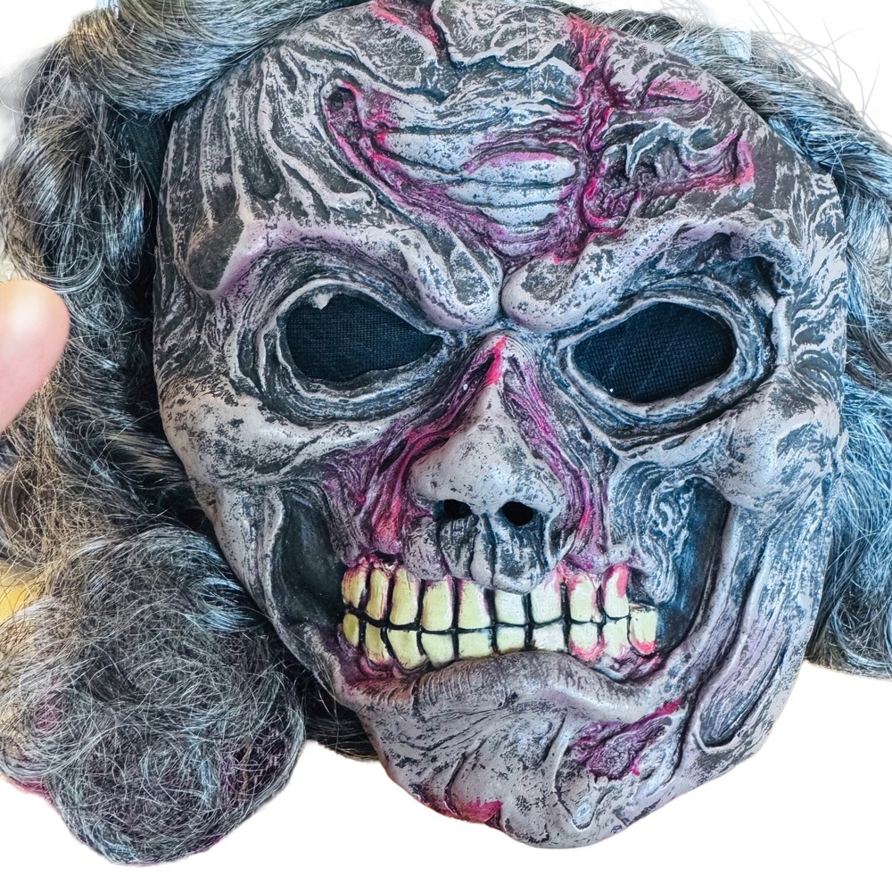 Creepy Zombie Skull Mask Gray Hair Exposed Brain Halloween Horror Adult